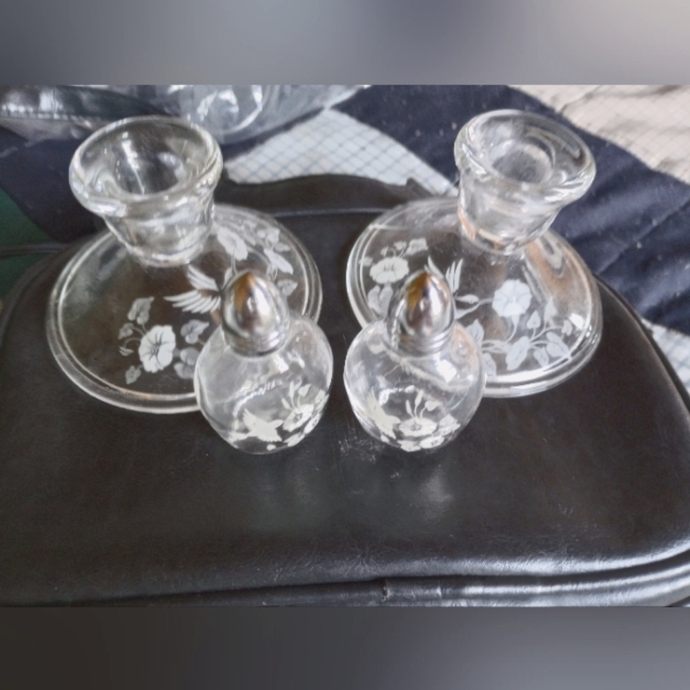 Avon Vintage Lead Crystal Hummingbird  Collection.S&P shaker,candle holders
